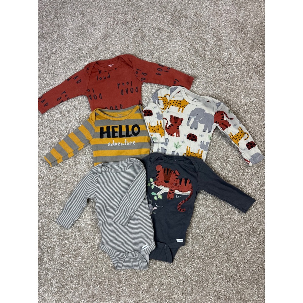 Gerber Baby Boys 5 Pack Long Sleeve Bodysuits 0-3 Months Safari Tiger Stripe